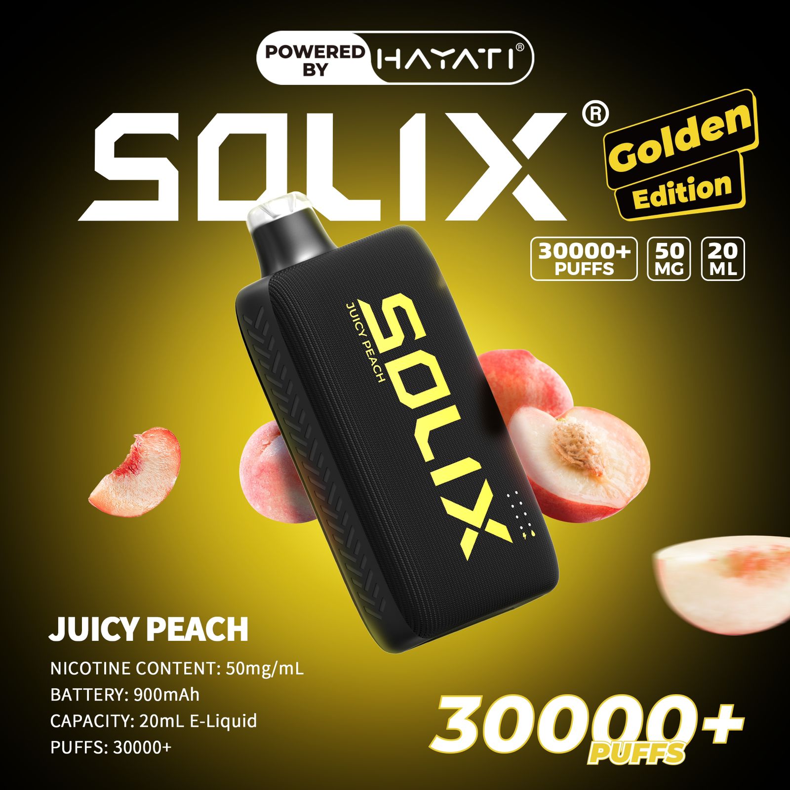SOLIX vape device with juicy peach flavor on a dark background