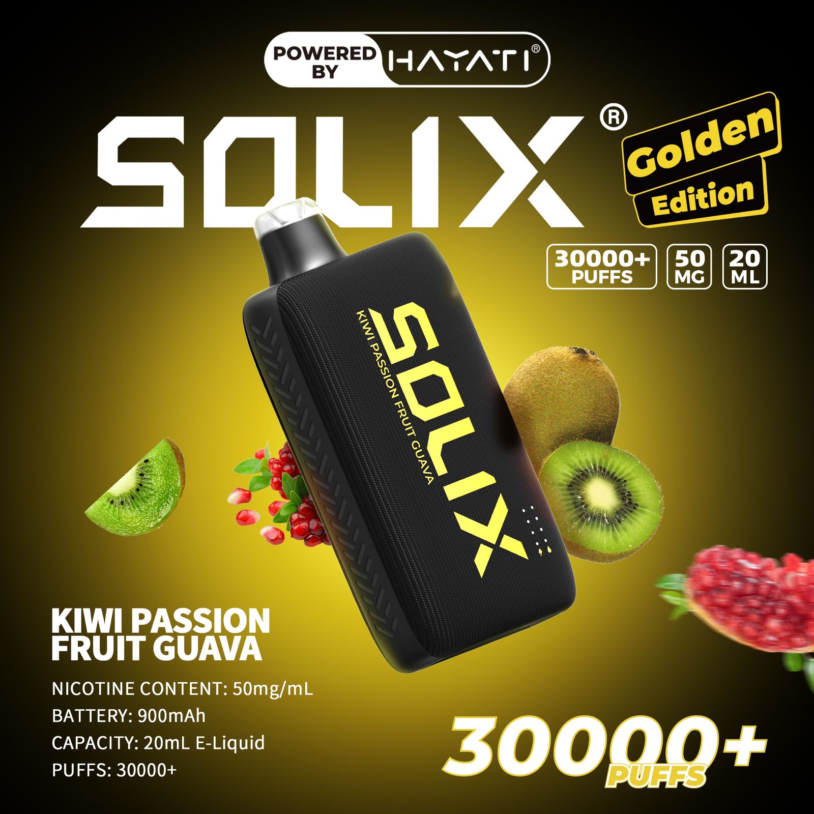 SOLIX vape device with kiwi and guava graphics on a dark background