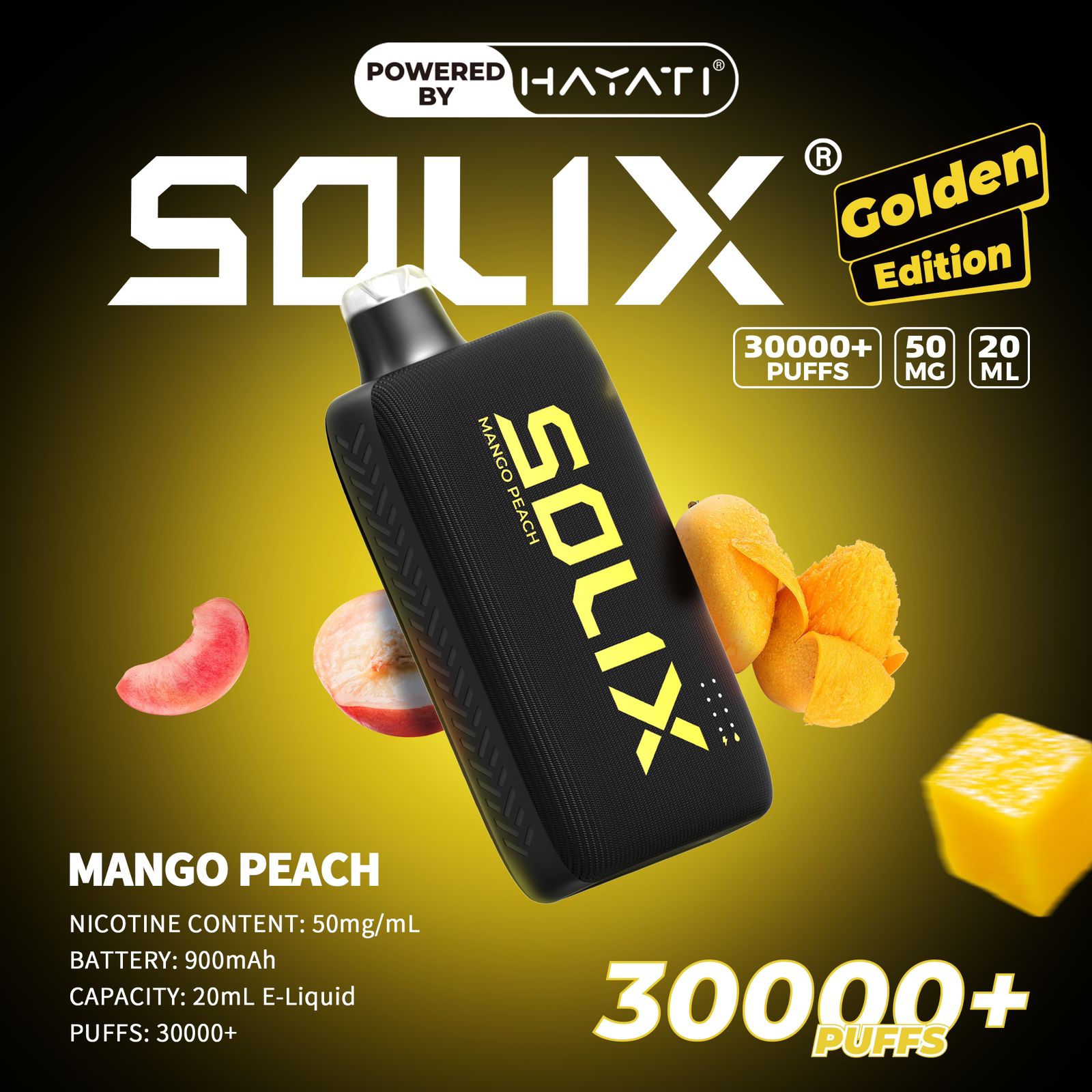 SOLIX vape device with mango peach flavor on a dark background