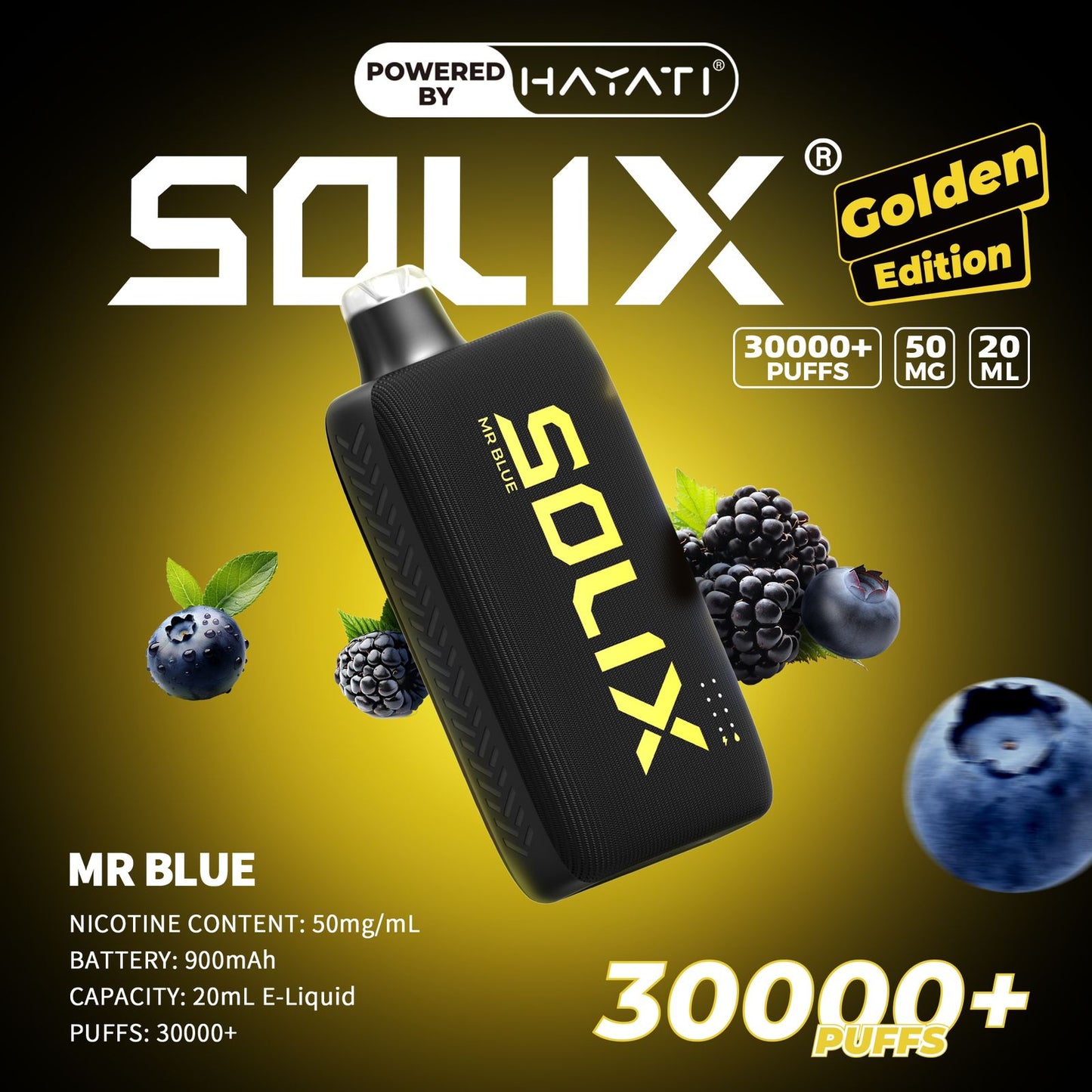 SOLIX vape device with berries on a dark background, featuring the brand 'Hayati'.