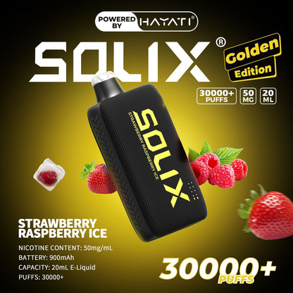 SOLIX vape device with strawberry raspberry ice flavor on a dark background