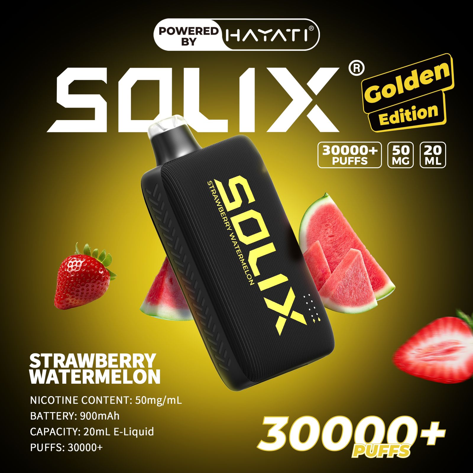 SOLIX vape device with strawberry watermelon flavor on a dark background