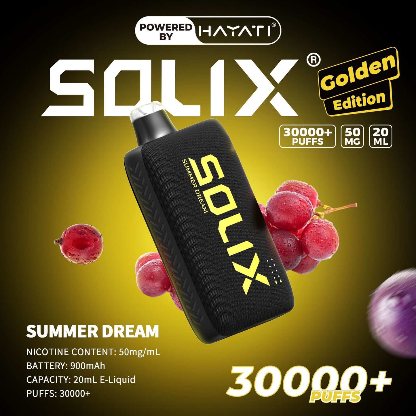 SOLIX vape device with grapes on a dark background, featuring the brand 'Hayati'.