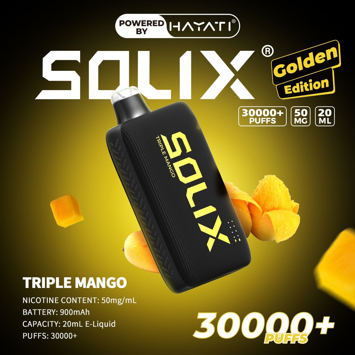 SOLIX vape device with 'Powered by Hayati' branding on a dark background