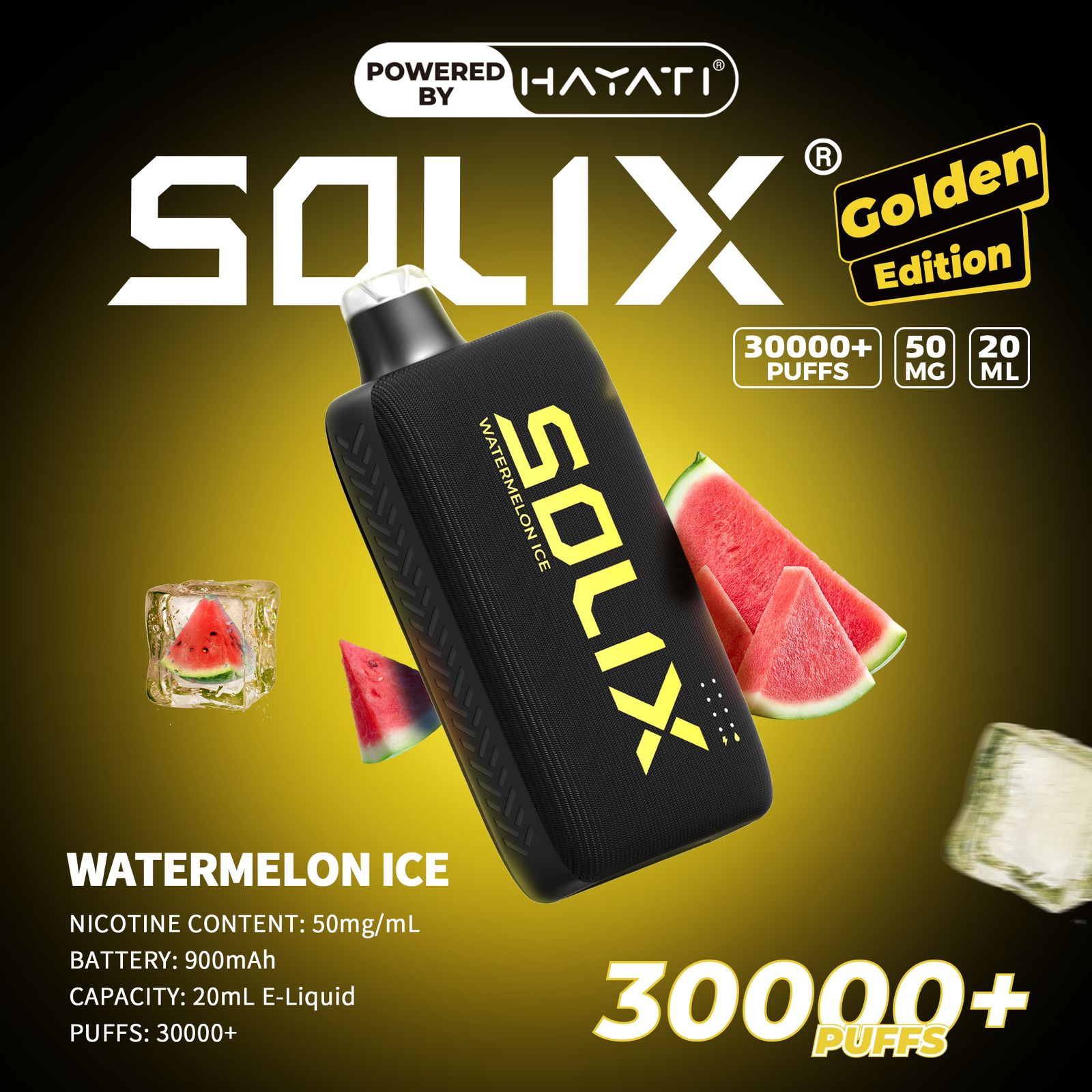 SOLIX vape device with watermelon ice flavor on a dark background