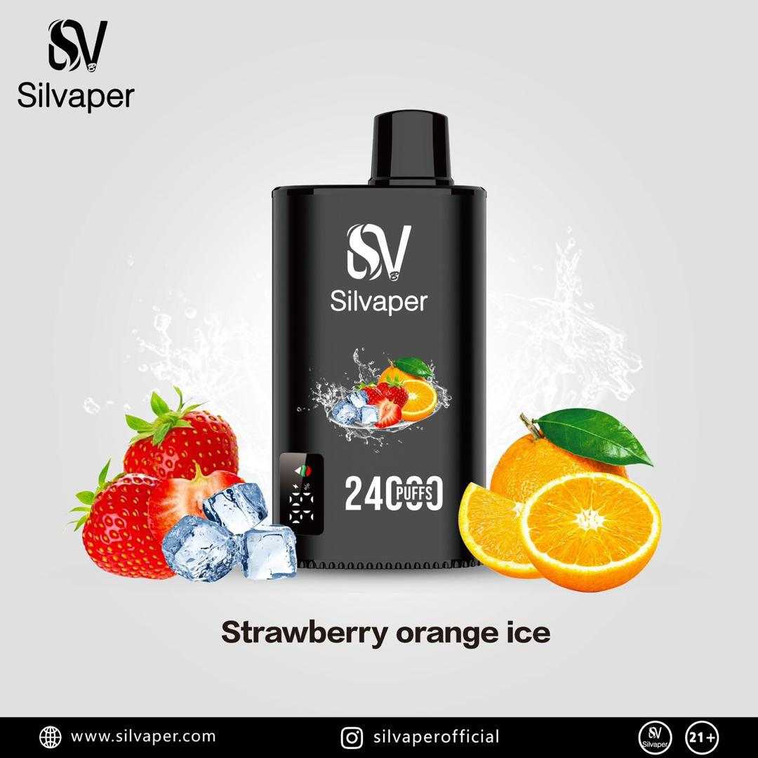 Silvaper vape device with strawberry, orange, and ice elements on a light gray background
