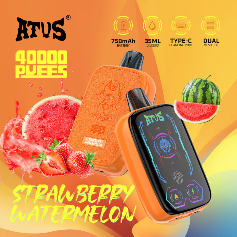 Orange vape device with watermelon and strawberry flavor on a colorful background