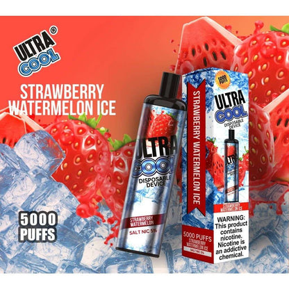 UltraCool 5000 Puff disposable vape in strawberry watermelon ice flavor with 5000 puffs and sleek design