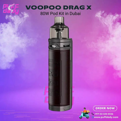 Voopoo Drag X 80W Pod Kit sleek black metallic and leather vape device with purple smoke background