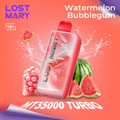 Lost Mary MT35000 Turbo vape device with watermelon and bubblegum elements on a vibrant background.
