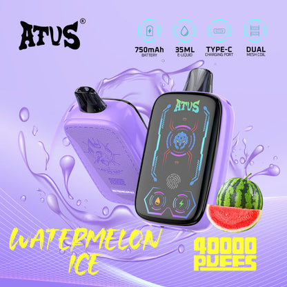 Vape device with 'ATUS' branding on a purple background with watermelon graphics.