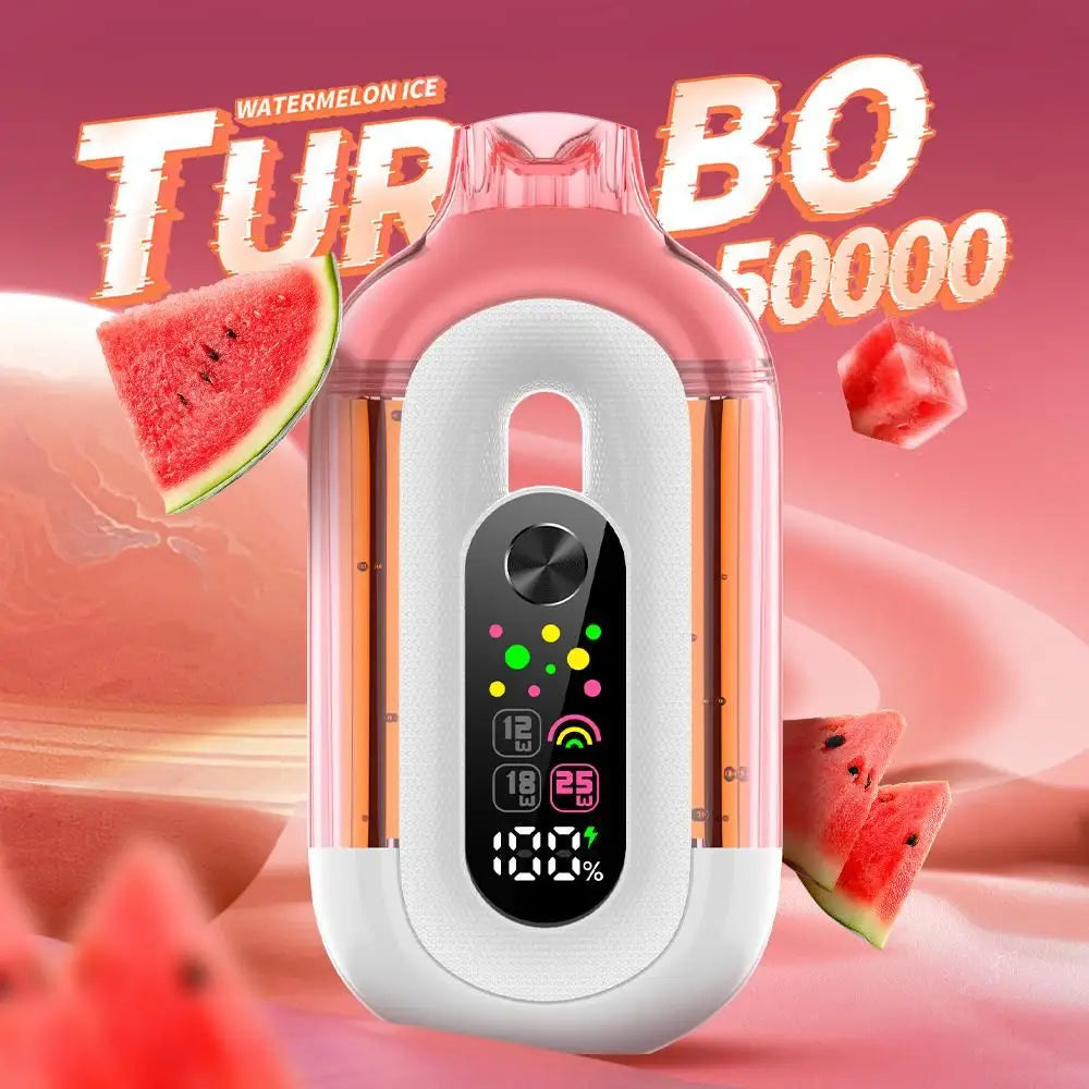 Vape device with watermelon ice flavor text on a pink background