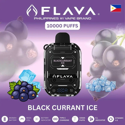 FLAVA vape device with blackcurrant ice flavor on a purple background