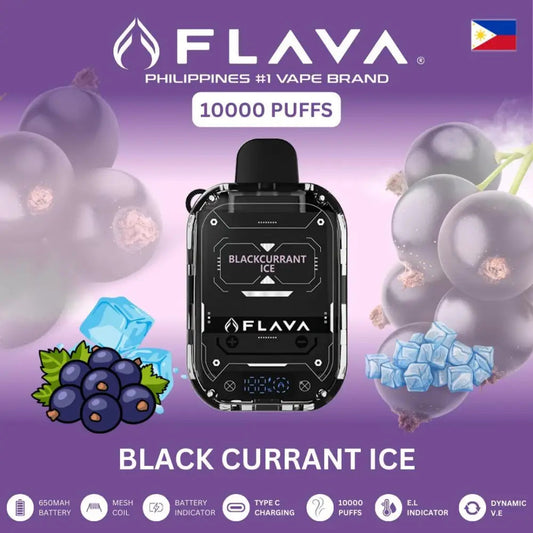 FLAVA vape device with blackcurrant ice flavor on a purple background