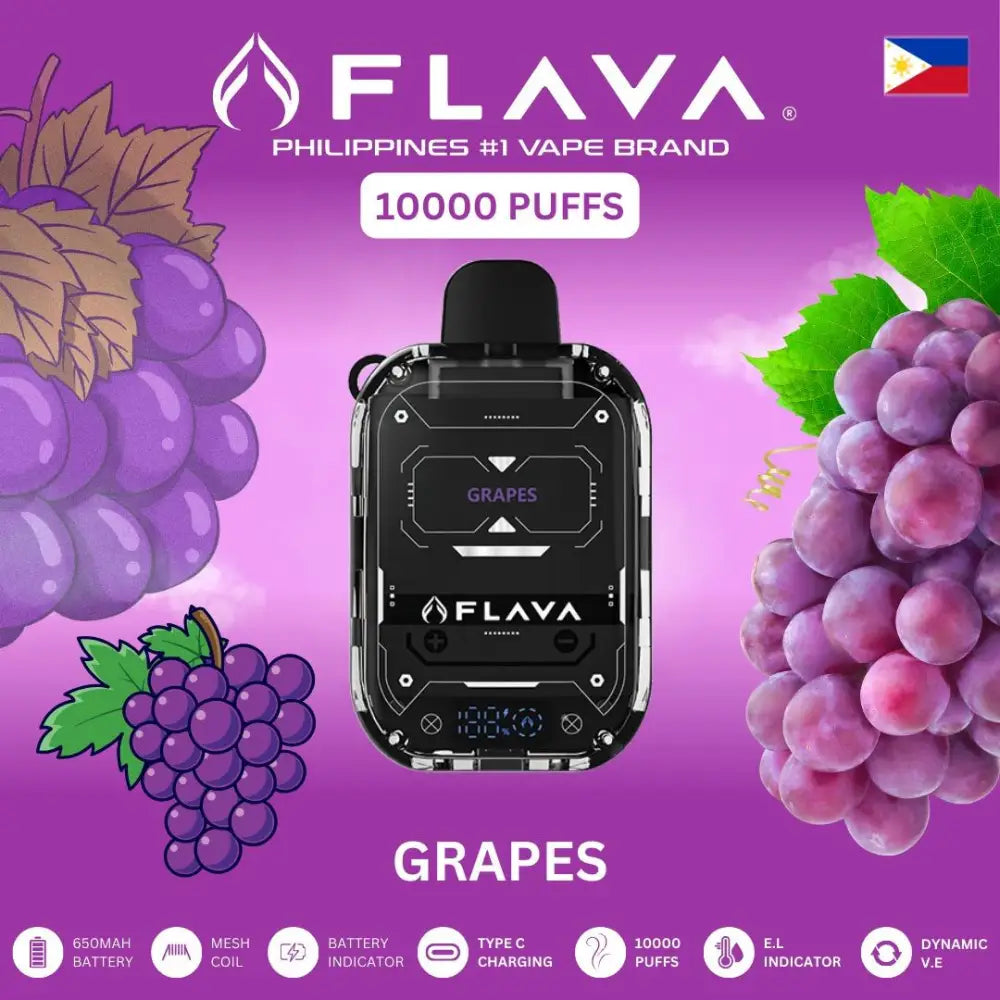 Flava vape device with grapes on a purple background