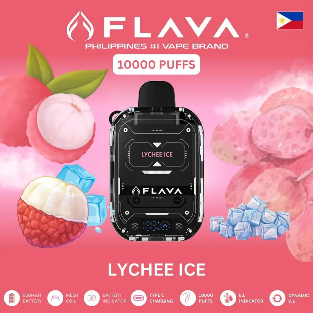 FLAVA lychee ice vape device with lychee and ice elements on a pink background