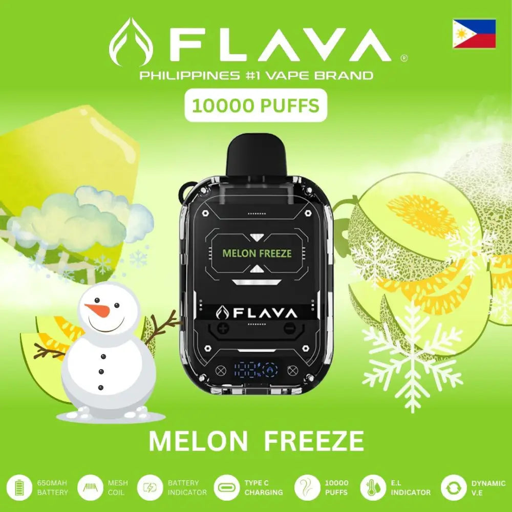 FLAVA vape device with 'Melon Freeze' flavor on a green background