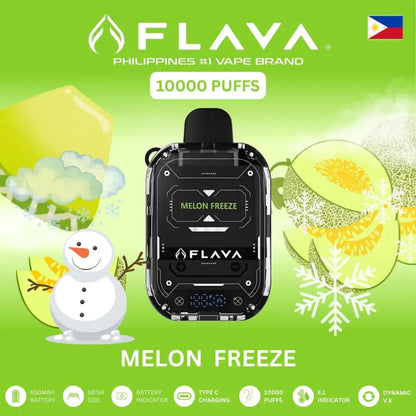 FLAVA vape device with 'Melon Freeze' flavor on a green background