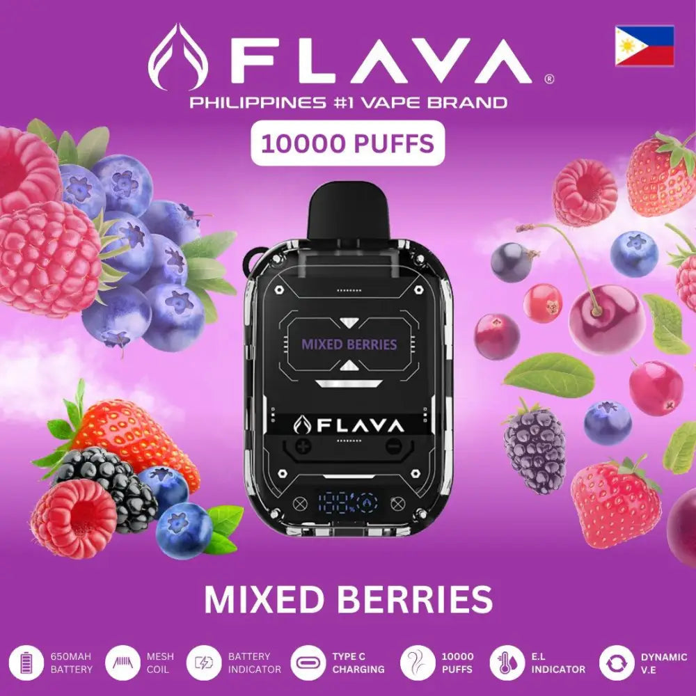 FLAVA vape device with mixed berries flavor on a purple background