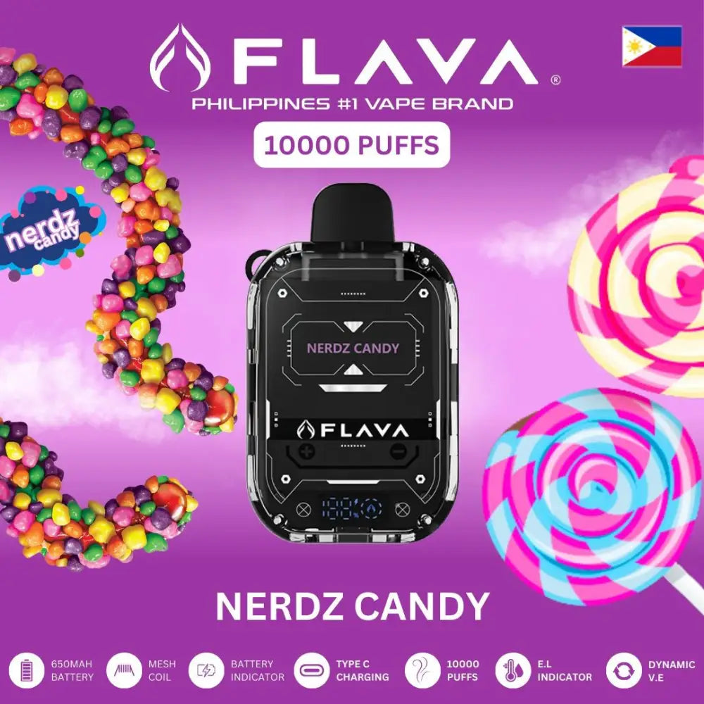 Flava vape device with colorful candy graphics on a purple background