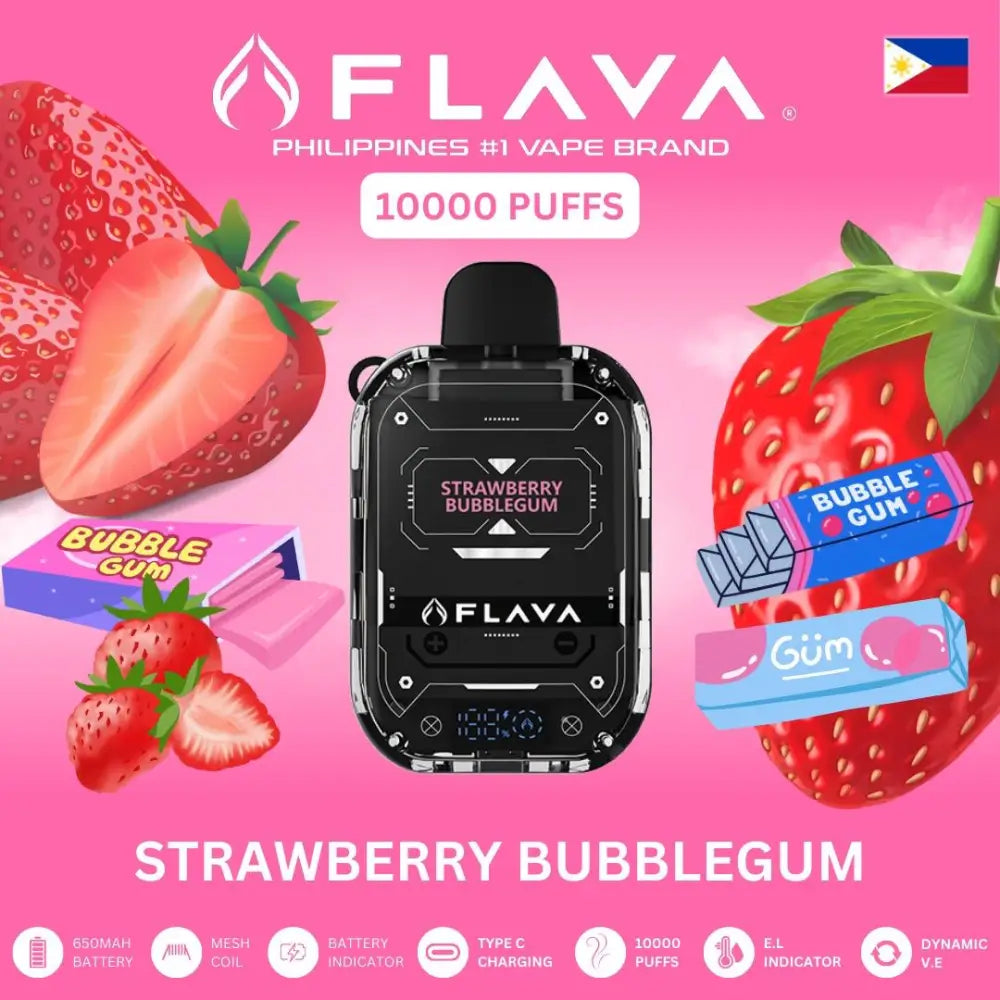FLAVA vape device with strawberry and bubble gum elements on a pink background