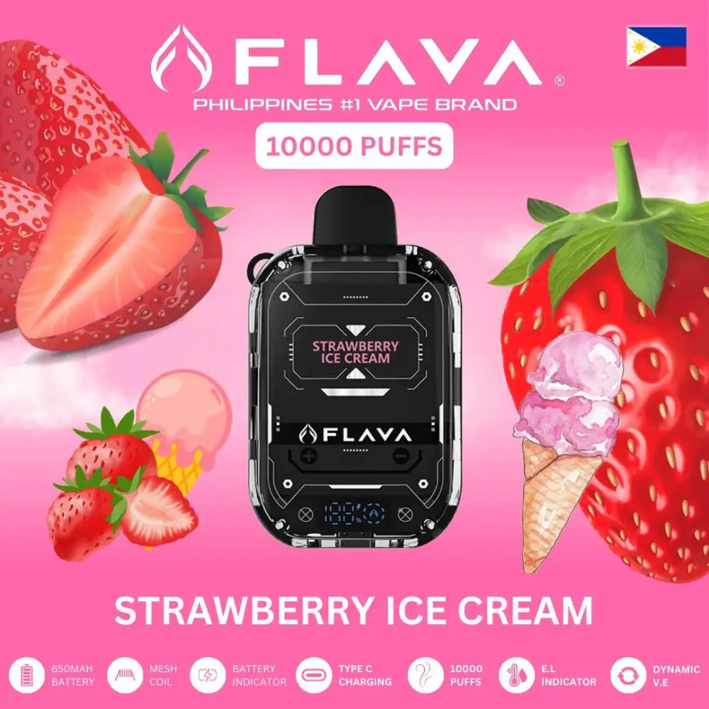 FLAVA vape device with strawberry ice cream flavor on a pink background with strawberries and an ice cream cone.
