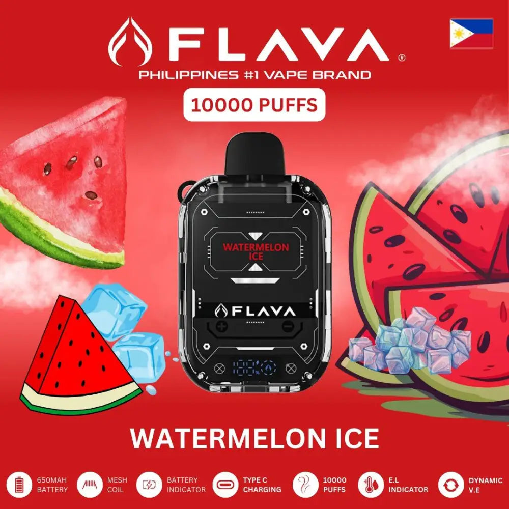 Flava vape device with watermelon ice flavor on a red background with watermelon illustrations.