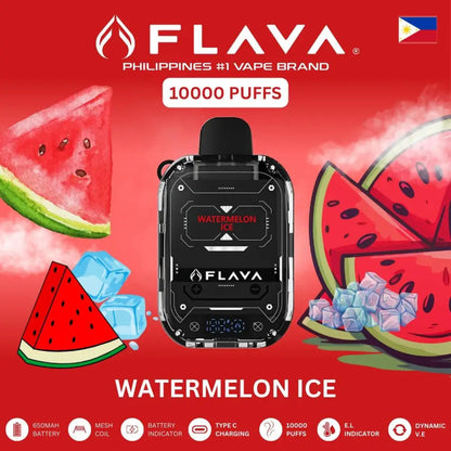Flava vape device with watermelon ice flavor on a red background with watermelon illustrations.