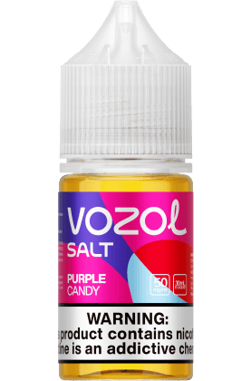 Vozol Salt Nicotine 30ml Purple Candy flavor e-liquid bottle with nicotine warning label.